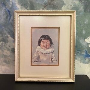 Vintage 60s Nora Peter Framed Art Print Canadian Indigenous Art Inuit Child